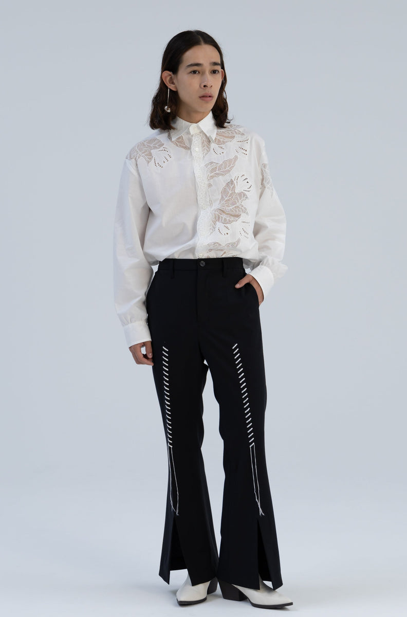 PEARLY GATES フレアパンツ　ギミック　ジップポケット seyto（セイト）の「Jacquard glossy wide flare pants