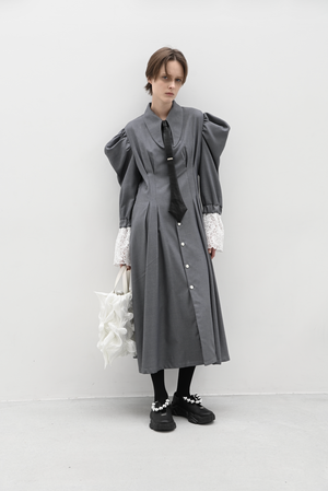 【予約商品】Pleats Belt Puff Sleeve Coat Dress
