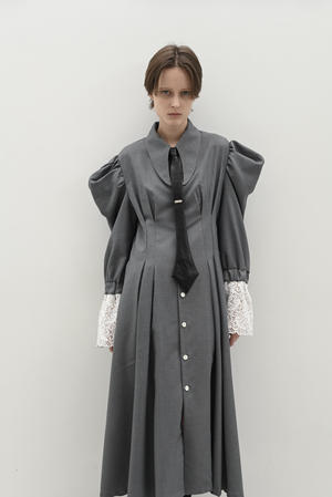 【予約商品】Pleats Belt Puff Sleeve Coat Dress