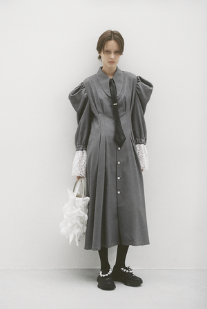 【予約商品】Pleats Belt Puff Sleeve Coat Dress